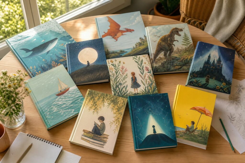 Libri per bambini estate sparsi su un tavolo in una luce estiva