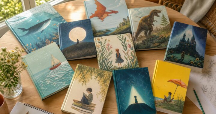 Libri per bambini estate sparsi su un tavolo in una luce estiva