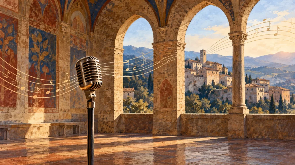 Microfono vintage e pentagramma in una loggia medievale immaginaria, affacciata su un borgo italiano