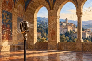 Microfono vintage e pentagramma in una loggia medievale immaginaria, affacciata su un borgo italiano
