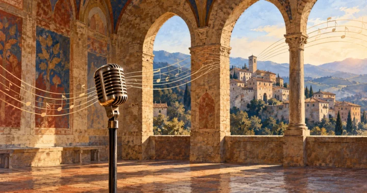 Microfono vintage e pentagramma in una loggia medievale immaginaria, affacciata su un borgo italiano