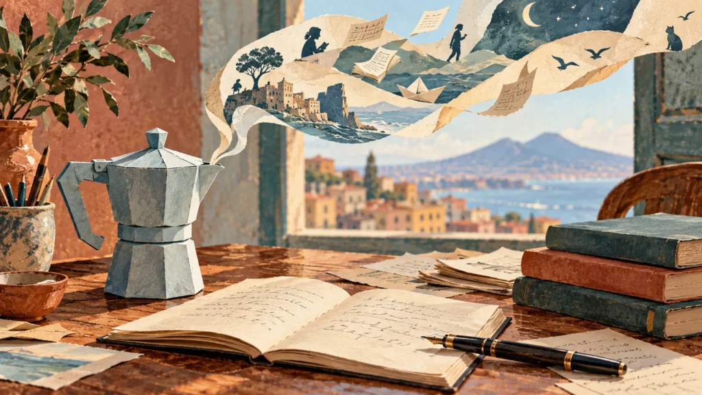 Una caffettiera di carta azzurra su una scrivania con quaderno e penna, da cui si alza un nastro di storie illustrate