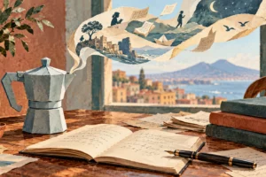 Una caffettiera di carta azzurra su una scrivania con quaderno e penna, da cui si alza un nastro di storie illustrate