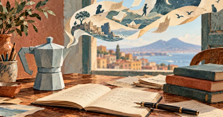 Una caffettiera di carta azzurra su una scrivania con quaderno e penna, da cui si alza un nastro di storie illustrate