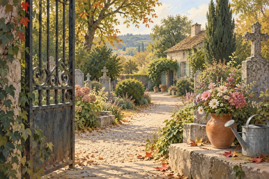 Vaso di fiori e annaffiatoio accanto al cancello di un piccolo cimitero con giardino e casa del custode