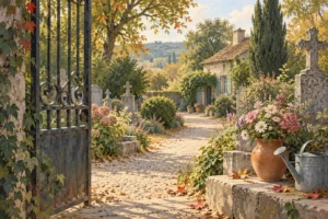 Vaso di fiori e annaffiatoio accanto al cancello di un piccolo cimitero con giardino e casa del custode