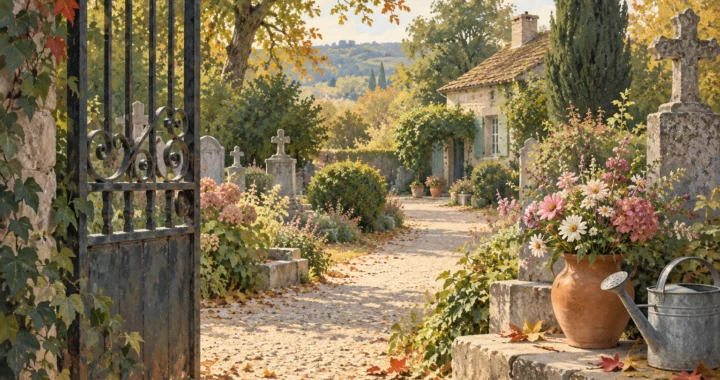Vaso di fiori e annaffiatoio accanto al cancello di un piccolo cimitero con giardino e casa del custode