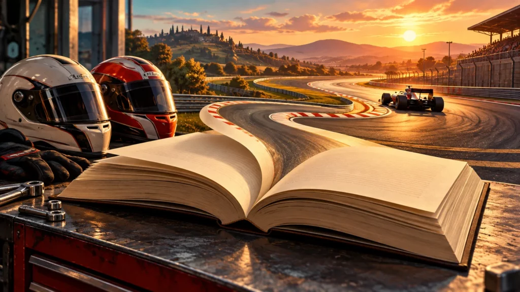 Un libro aperto su un banco di officina si trasforma in un circuito automobilistico al tramonto, accanto a due caschi.