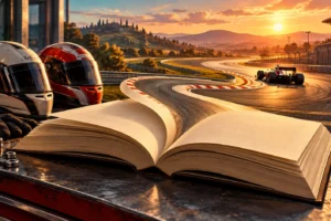 Un libro aperto su un banco di officina si trasforma in un circuito automobilistico al tramonto, accanto a due caschi.