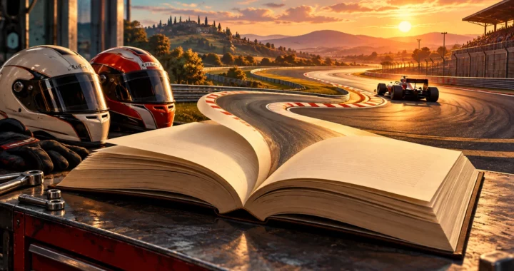 Un libro aperto su un banco di officina si trasforma in un circuito automobilistico al tramonto, accanto a due caschi.