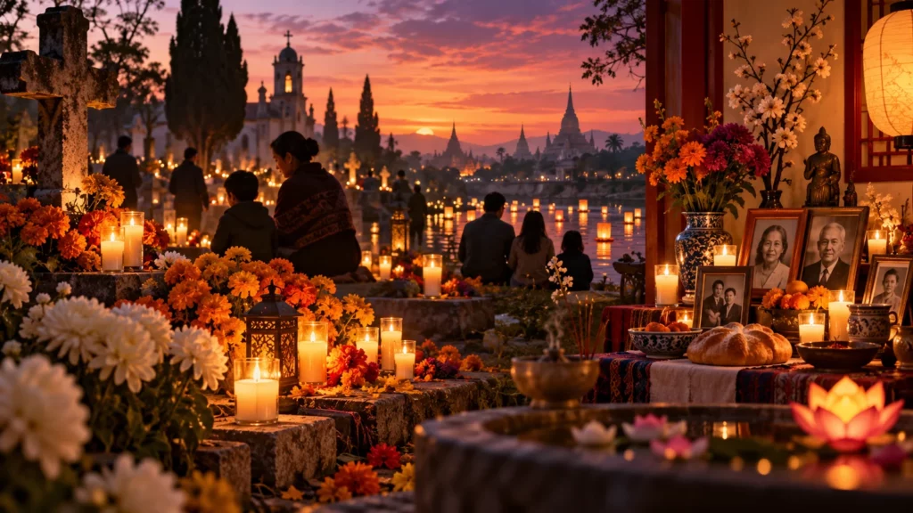 Una scena di memoria e raccoglimento con candele, fiori, fotografie e luci sull’acqua al tramonto.