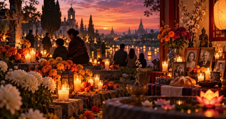 Una scena di memoria e raccoglimento con candele, fiori, fotografie e luci sull’acqua al tramonto.