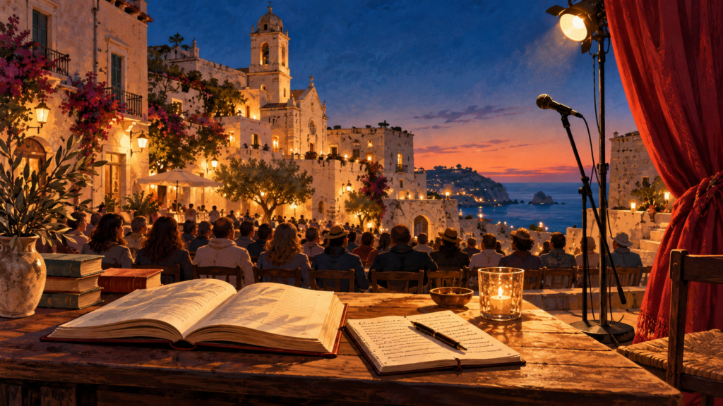 Libro aperto, taccuino e microfono davanti a un pubblico in una piazza mediterranea al tramonto, con un sipario rosso.