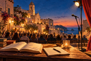 Libro aperto, taccuino e microfono davanti a un pubblico in una piazza mediterranea al tramonto, con un sipario rosso.