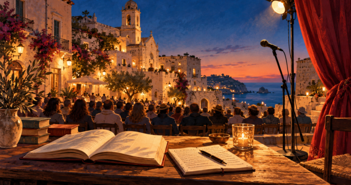 Libro aperto, taccuino e microfono davanti a un pubblico in una piazza mediterranea al tramonto, con un sipario rosso.
