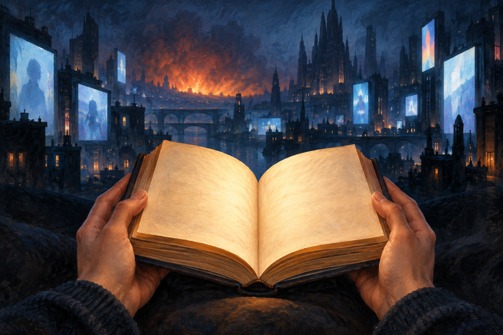 Due mani custodiscono un libro aperto davanti a una città immaginaria con schermi luminosi e un bagliore di fuoco in lontananza.