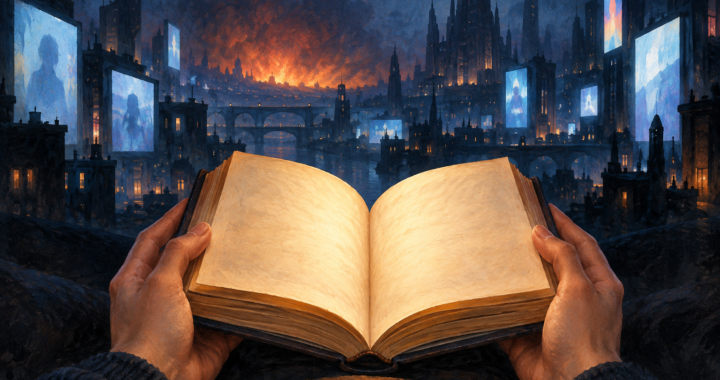 Due mani custodiscono un libro aperto davanti a una città immaginaria con schermi luminosi e un bagliore di fuoco in lontananza.