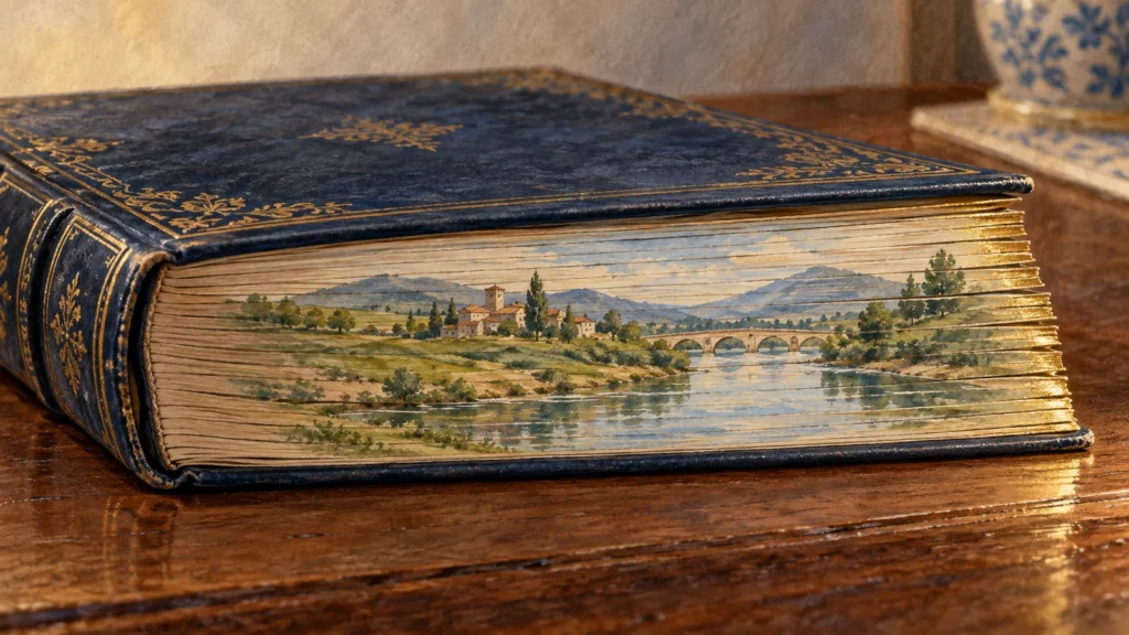 Libro blu immaginario con un paesaggio fluviale dipinto sul taglio delle pagine leggermente sfalsate.