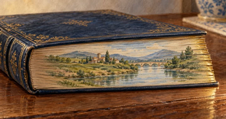 Libro blu immaginario con un paesaggio fluviale dipinto sul taglio delle pagine leggermente sfalsate.