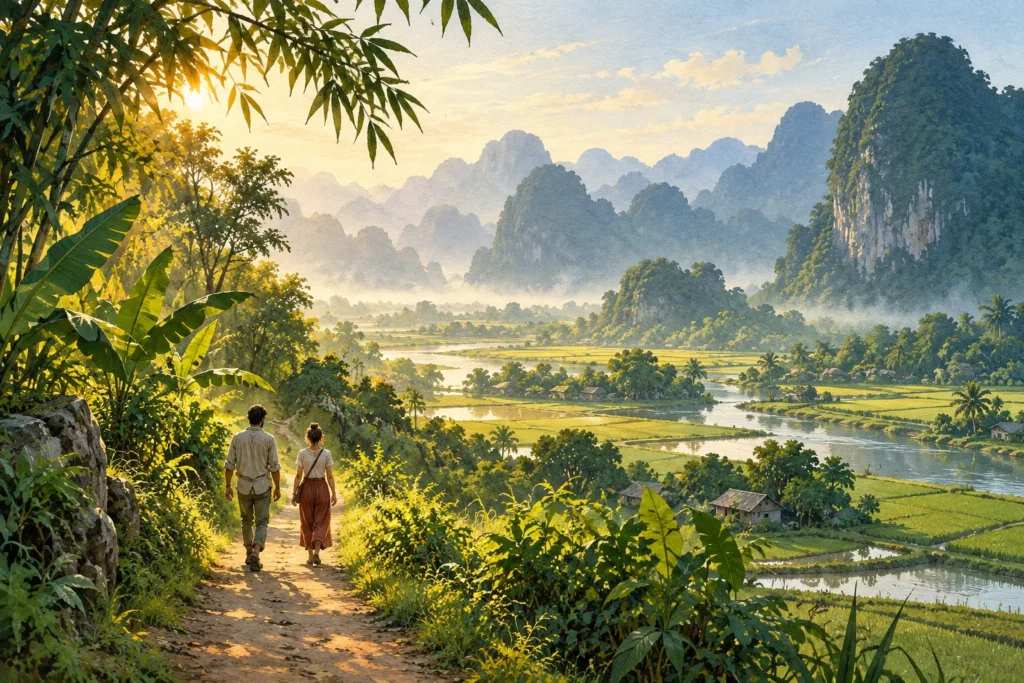 Due viaggiatori su un sentiero fra risaie e rilievi carsici in un paesaggio immaginario ispirato al Vietnam.