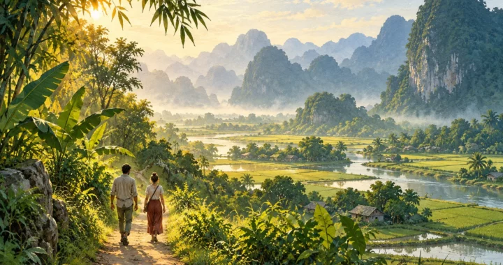 Due viaggiatori su un sentiero fra risaie e rilievi carsici in un paesaggio immaginario ispirato al Vietnam.