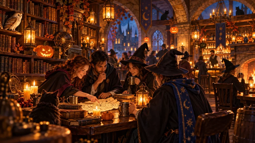 Pub fantastico con libri, zucche illuminate e amici in costume da maghi attorno a un tavolo.