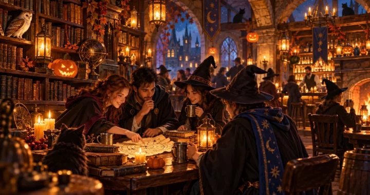 Pub fantastico con libri, zucche illuminate e amici in costume da maghi attorno a un tavolo.