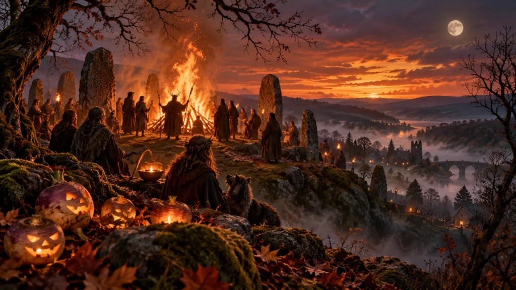 Rievocazione evocativa di un rito di Samhain al tramonto, con fuoco, pietre rituali e lanterne intagliate.