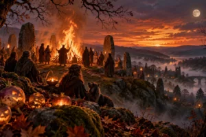 Rievocazione evocativa di un rito di Samhain al tramonto, con fuoco, pietre rituali e lanterne intagliate.