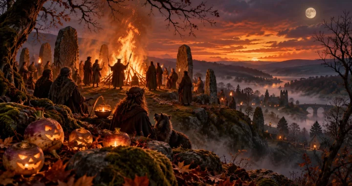 Rievocazione evocativa di un rito di Samhain al tramonto, con fuoco, pietre rituali e lanterne intagliate.