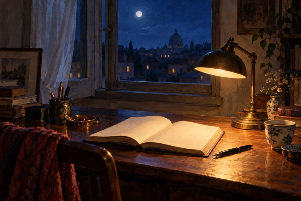 Scrivania notturna con libro aperto, penna e lampada davanti a una finestra blu.