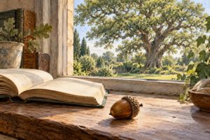 Una ghianda accanto a un libro aperto sul davanzale, con una grande quercia nel giardino oltre la finestra.