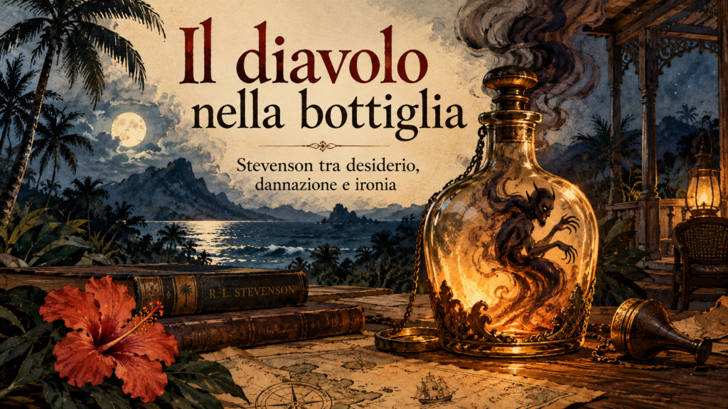Bottiglia luminosa con un diavolo, libri e mare al chiaro di luna. Testo: «Il diavolo nella bottiglia. Stevenson tra desiderio, dannazione e ironia».