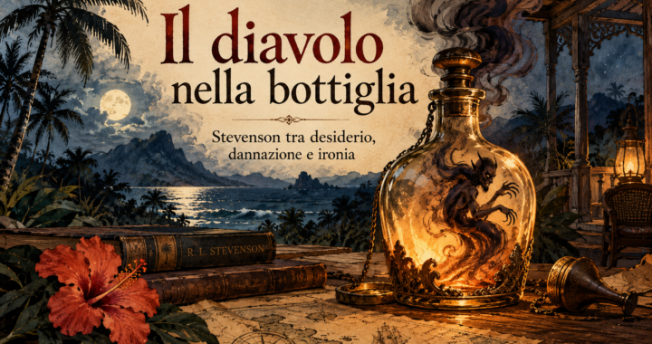 Bottiglia luminosa con un diavolo, libri e mare al chiaro di luna. Testo: «Il diavolo nella bottiglia. Stevenson tra desiderio, dannazione e ironia».