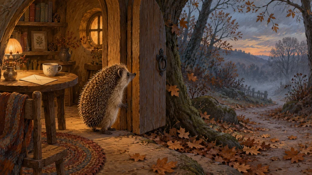 Un riccio sulla soglia di una casa nel bosco, con una busta e una tazza sul tavolo, guarda il sentiero autunnale