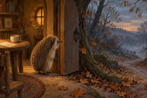 Un riccio sulla soglia di una casa nel bosco, con una busta e una tazza sul tavolo, guarda il sentiero autunnale