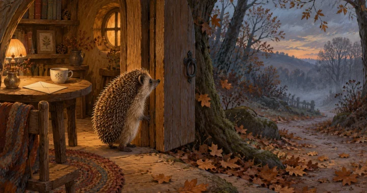 Un riccio sulla soglia di una casa nel bosco, con una busta e una tazza sul tavolo, guarda il sentiero autunnale