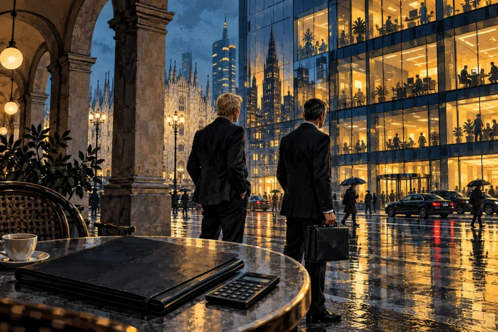 Due uomini in abito scuro e una valigetta davanti a uffici illuminati nella Milano notturna, con cartellina e calcolatrice in primo piano.