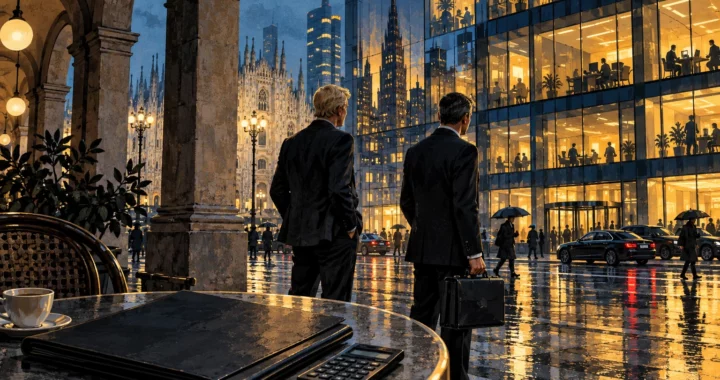 Due uomini in abito scuro e una valigetta davanti a uffici illuminati nella Milano notturna, con cartellina e calcolatrice in primo piano.