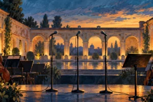 Tre microfoni e un leggio davanti a una loggia rinascimentale immaginaria al crepuscolo.