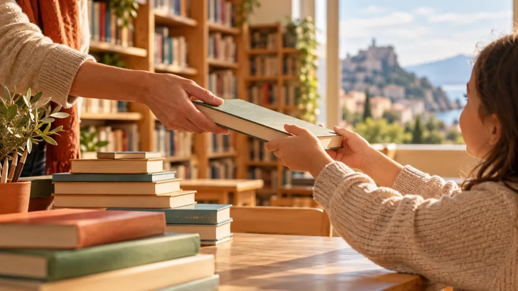 Una bambina riceve un libro in una biblioteca luminosa, immagine illustrativa di #ioleggoperché 2026