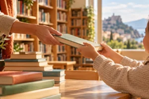 Una bambina riceve un libro in una biblioteca luminosa, immagine illustrativa di #ioleggoperché 2026