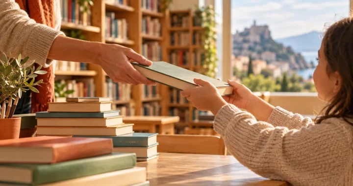Una bambina riceve un libro in una biblioteca luminosa, immagine illustrativa di #ioleggoperché 2026