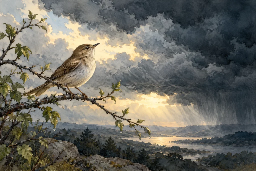 Un piccolo uccello su un ramo davanti a un cielo attraversato da nuvole temporalesche.