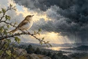 Un piccolo uccello su un ramo davanti a un cielo attraversato da nuvole temporalesche.