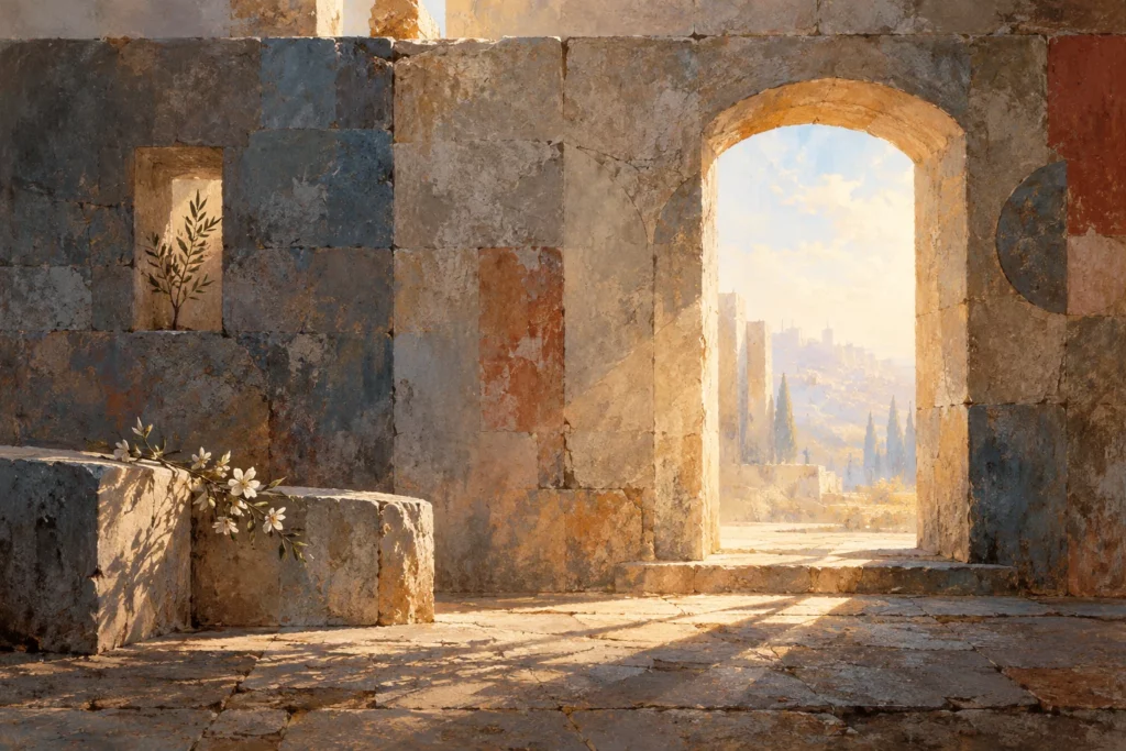 Muro antico e apertura luminosa in una composizione simbolica di pietra e luce.