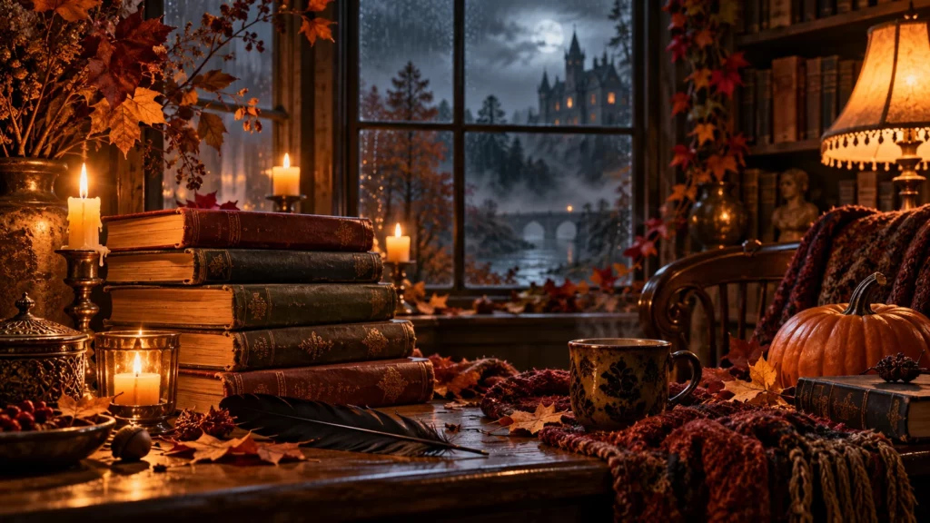 Una pila di libri antichi, candele e una zucca in un angolo di lettura gotico e autunnale.