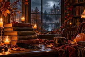 Una pila di libri antichi, candele e una zucca in un angolo di lettura gotico e autunnale.