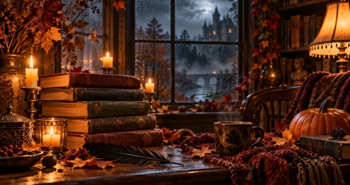 Una pila di libri antichi, candele e una zucca in un angolo di lettura gotico e autunnale.