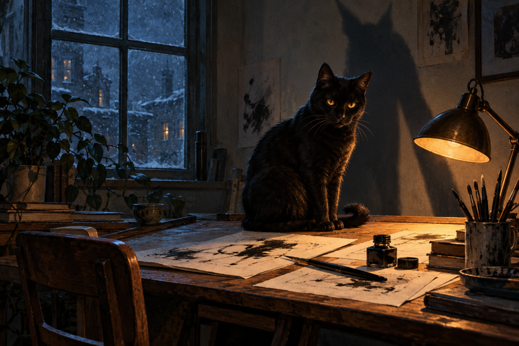 Un gatto nero su un tavolo da disegno illuminato da una lampada, davanti a una finestra invernale notturna.